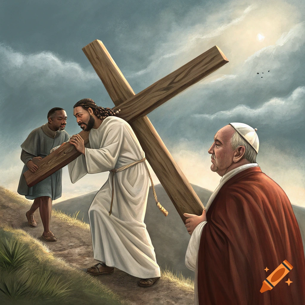 Illustration of Jesus, Martin Luther King Jr, and Pope Francis carrying a large wooden cross up a grassy hill.
