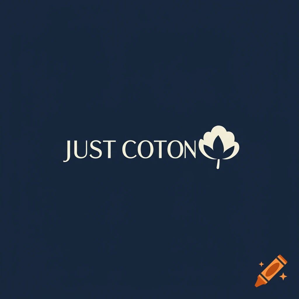 Minimalist logo for 'Just Cotton' with text and cotton plant icon on dark blue background.