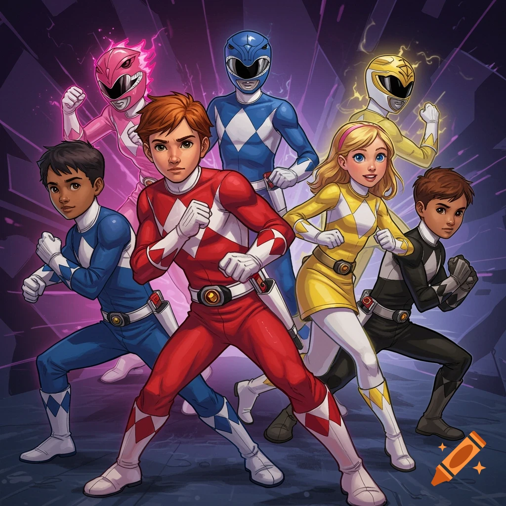 A dynamic comic book style shows a new Power Rangers team, including kids and masked rangers, posing for action.