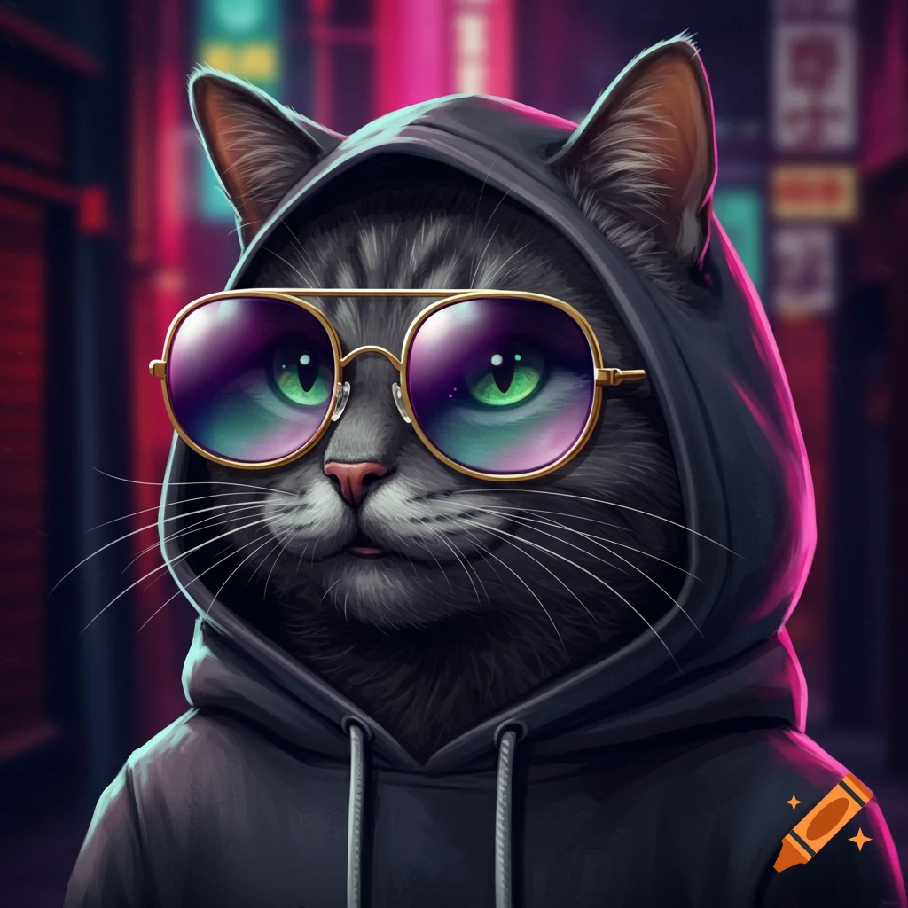 A grey cat in a black hoodie and reflective sunglasses against a neon city background.