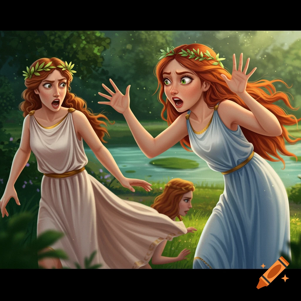 Two women in Greek dresses react in surprise or fear in a forest clearing near water. An illustrative style.