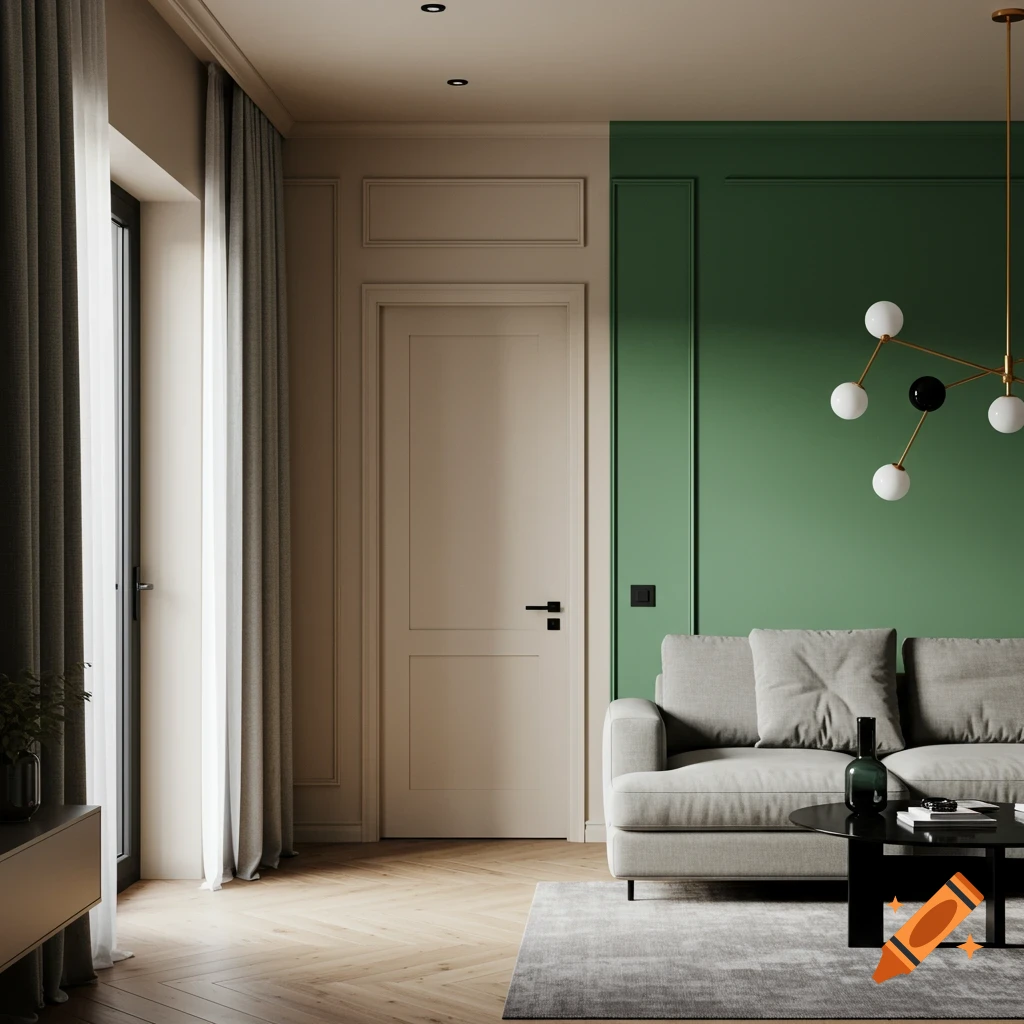 A modern living room with a gray sofa, black coffee table, green accent wall, and large windows with gray curtains in a photorealistic style.