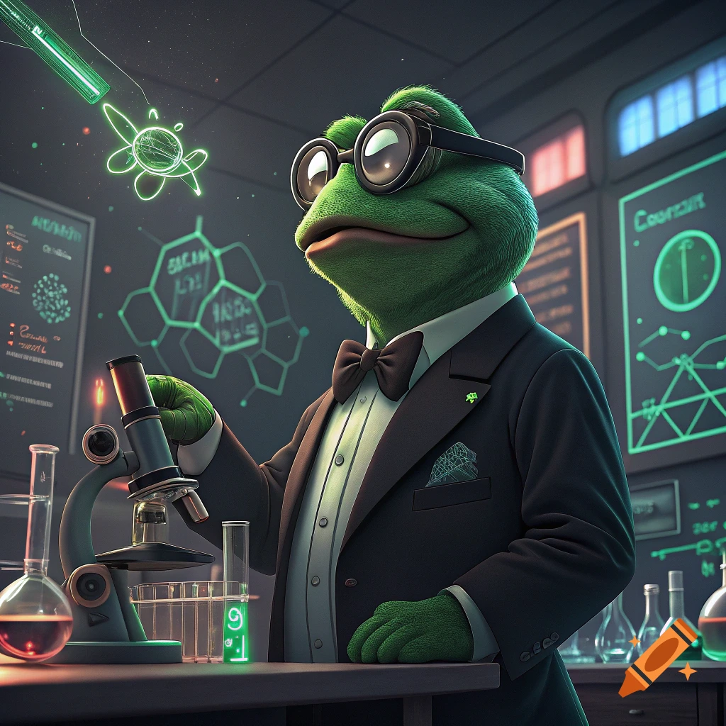 Cartoon frog scientist in a tuxedo examining something with a microscope in a laboratory.
