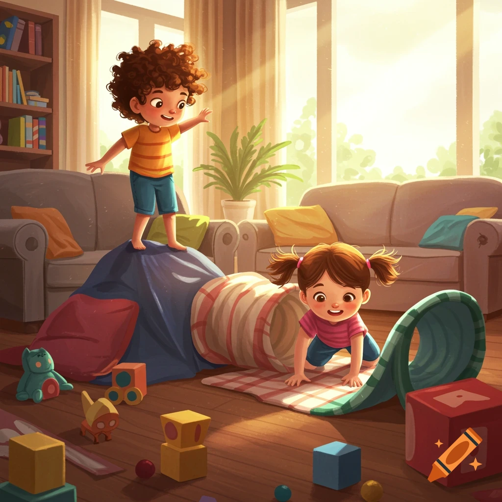 Cartoon of two children playing in a sunny living room with a blanket and cushion obstacle course.