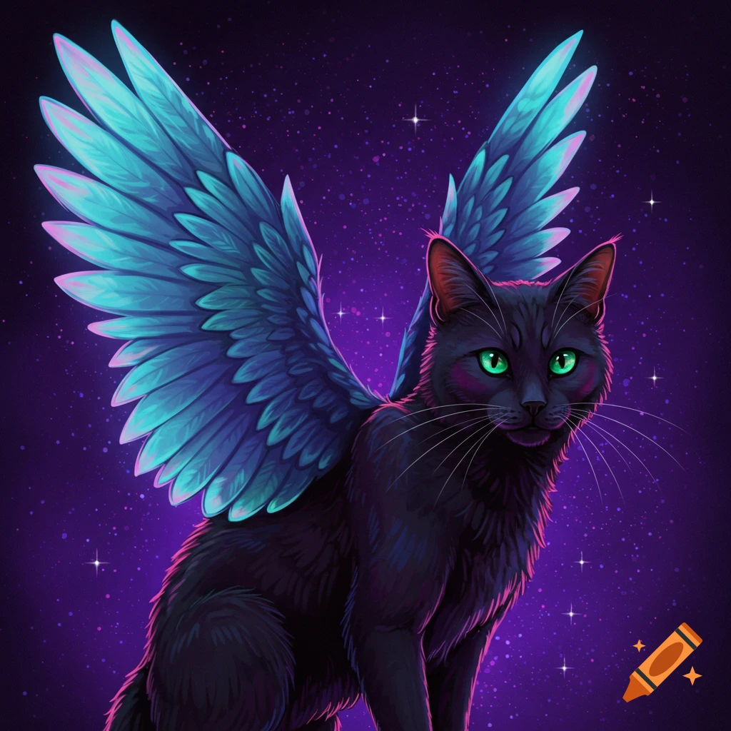 A black cat with glowing blue wings is shown against a purple starry sky.