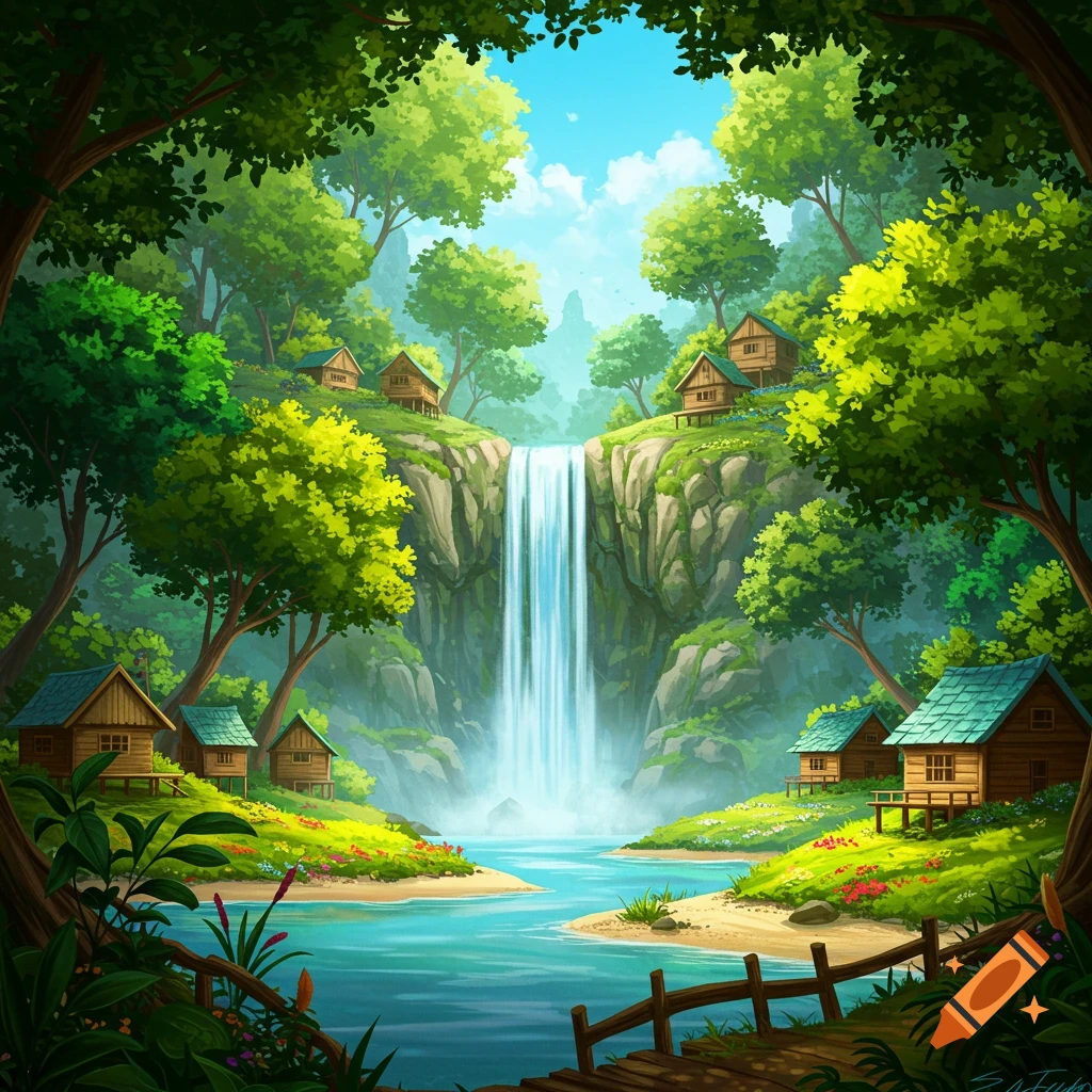 A lush valley with a waterfall, river, and wooden cabins nestled among trees.