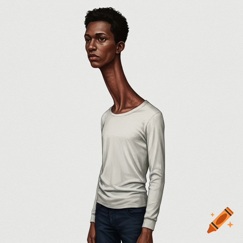 A person with a very long neck wearing a white long-sleeve shirt and jeans.