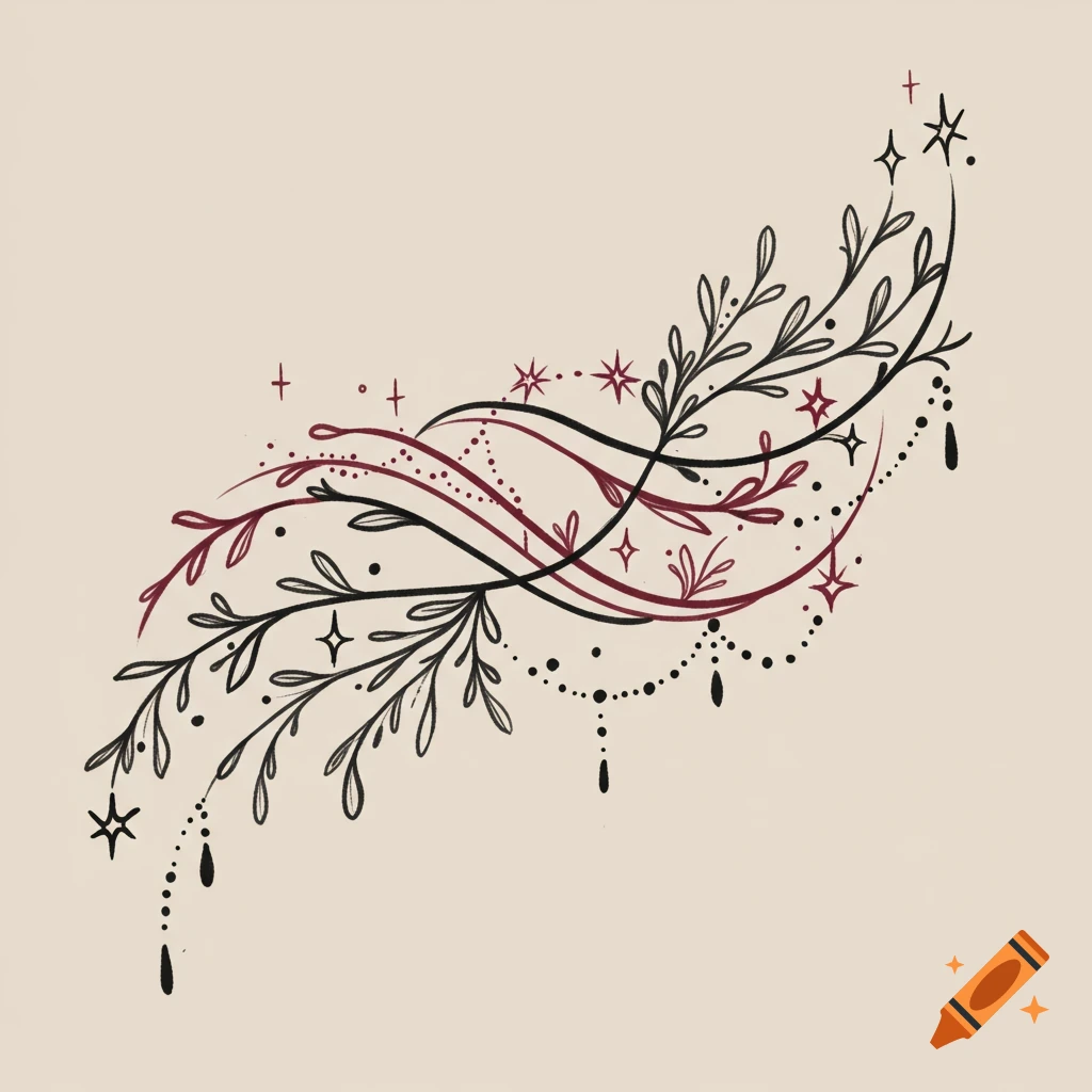 A black and red sketch of winding branches, leaves, stars, and dangling beads in a fairycore style.