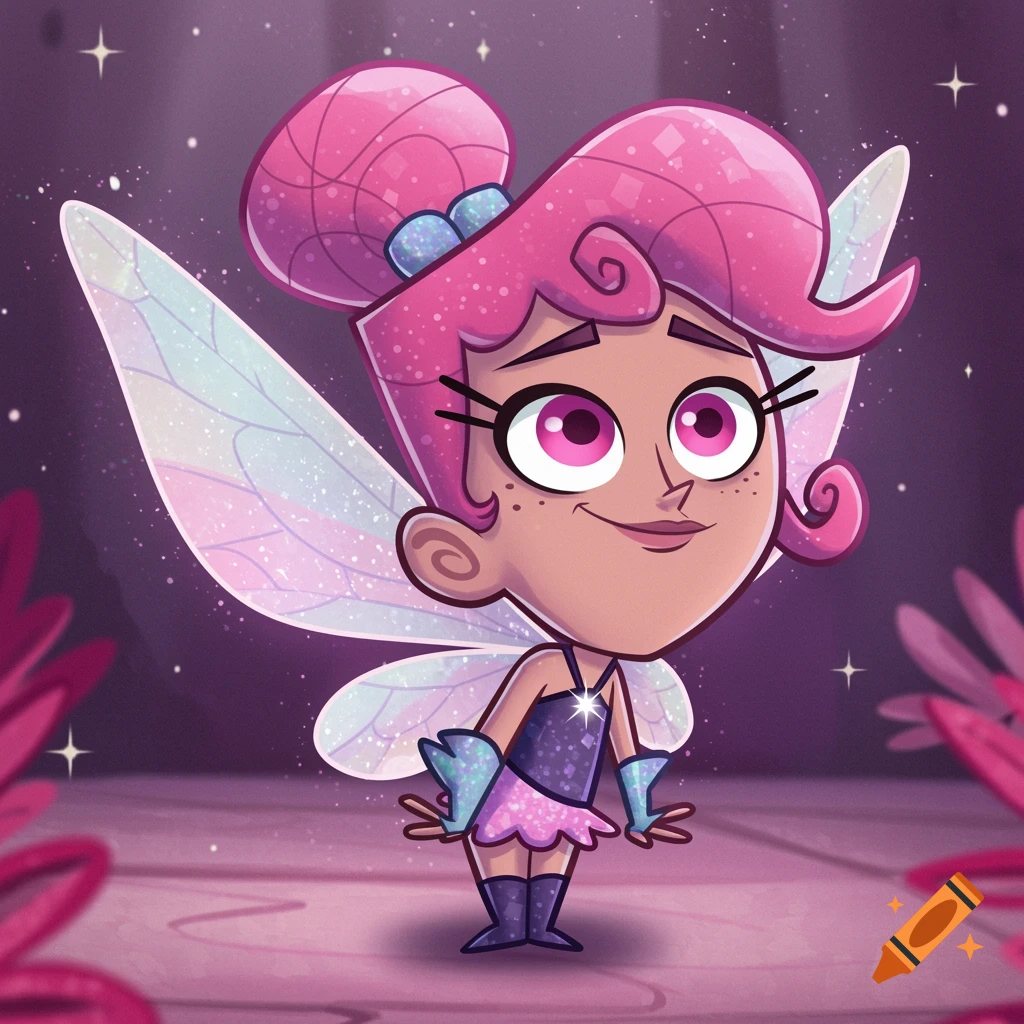 A cartoon fairy with pink hair and sparkly wings stands in a magical setting.