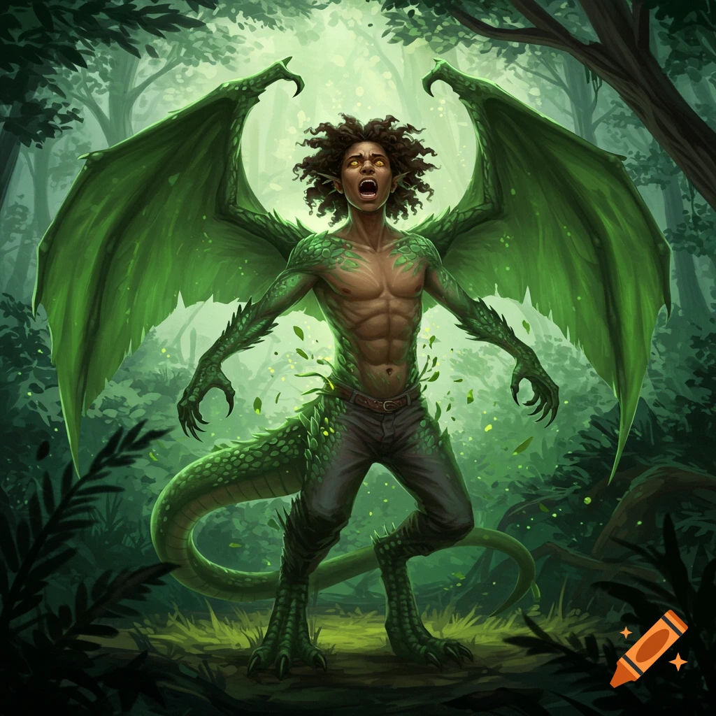A person is transforming into a green dragon in a forest.
