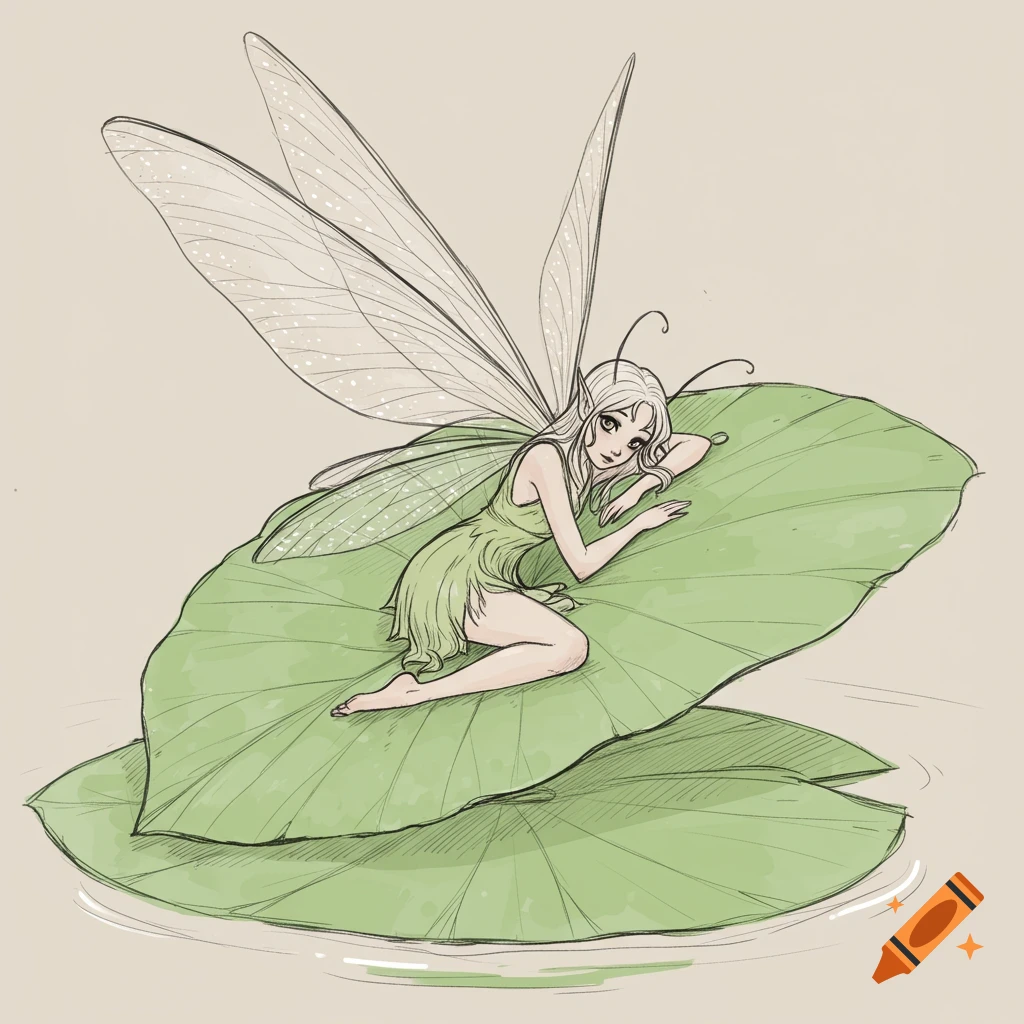 Sketch illustration of a fairy laying on a large lily pad.