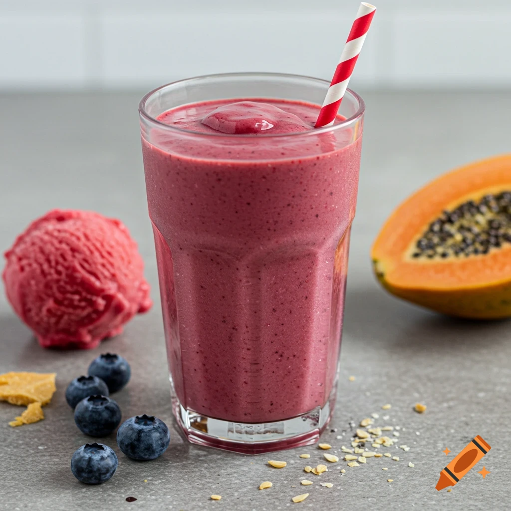 Glass of berry smoothie with blueberries, papaya half, and sherbet scoop on a counter. Photorealistic.