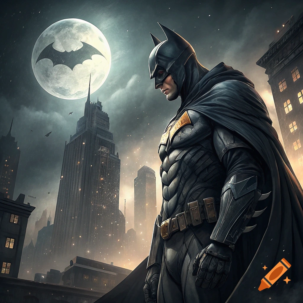 Batman stands on a rooftop overlooking a city at night with the Bat-Signal on the moon.
