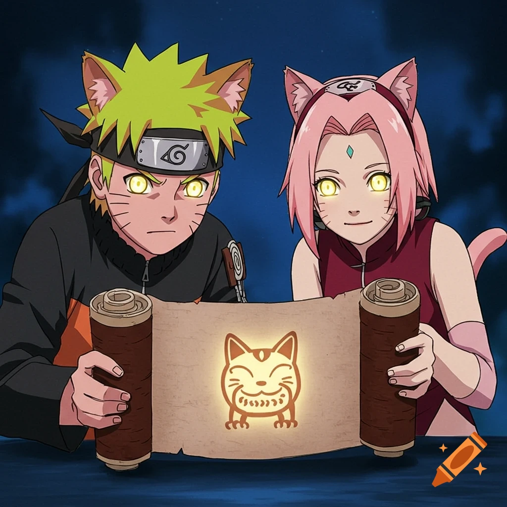Naruto and Sakura with cat ears and glowing eyes hold a scroll with a cat symbol in anime style.