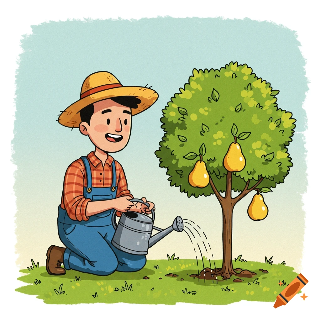 Cartoon farmer watering a small tree with pears.