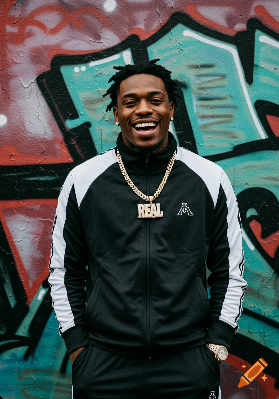 Smiling man in tracksuit and gold REAL chain stands in front of a graffiti wall.