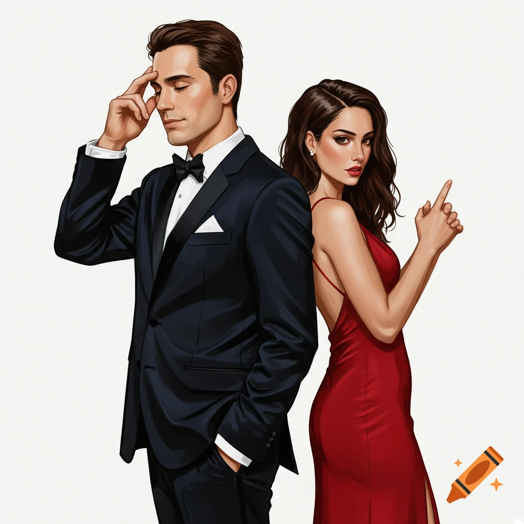 A man in a tuxedo and a woman in a red dress stand back-to-back, with the woman making a finger gun pose.