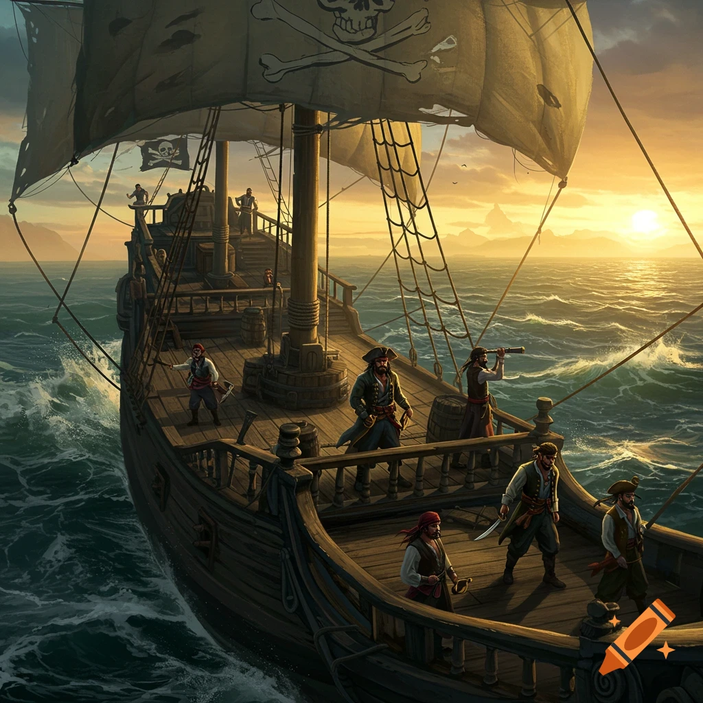 A pirate ship sailing at sunset with pirates on deck.