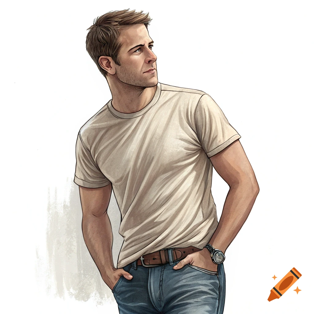 Illustration of a man in a t-shirt and jeans with hands in pockets, looking left.