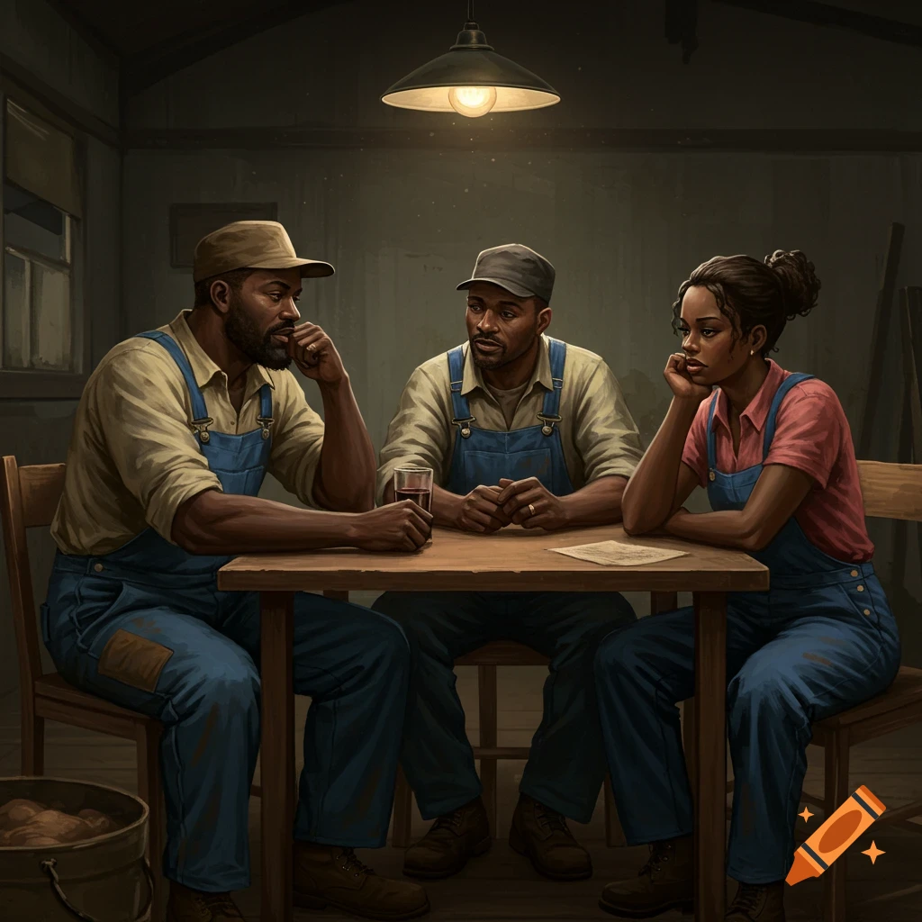 Three tired workers, two men and a woman, sitting at a table in a dimly lit room.