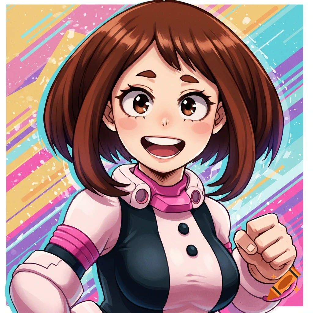 Anime portrait of a young woman with brown hair smiling, wearing a pink and black suit, against a colorful background.