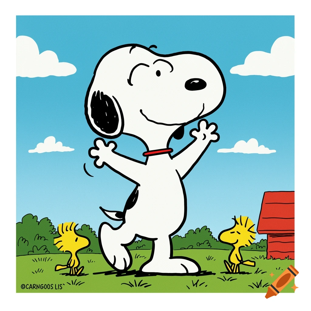 Cartoon of Snoopy waving happily with two small yellow Woodstock birds in a field near his red doghouse.