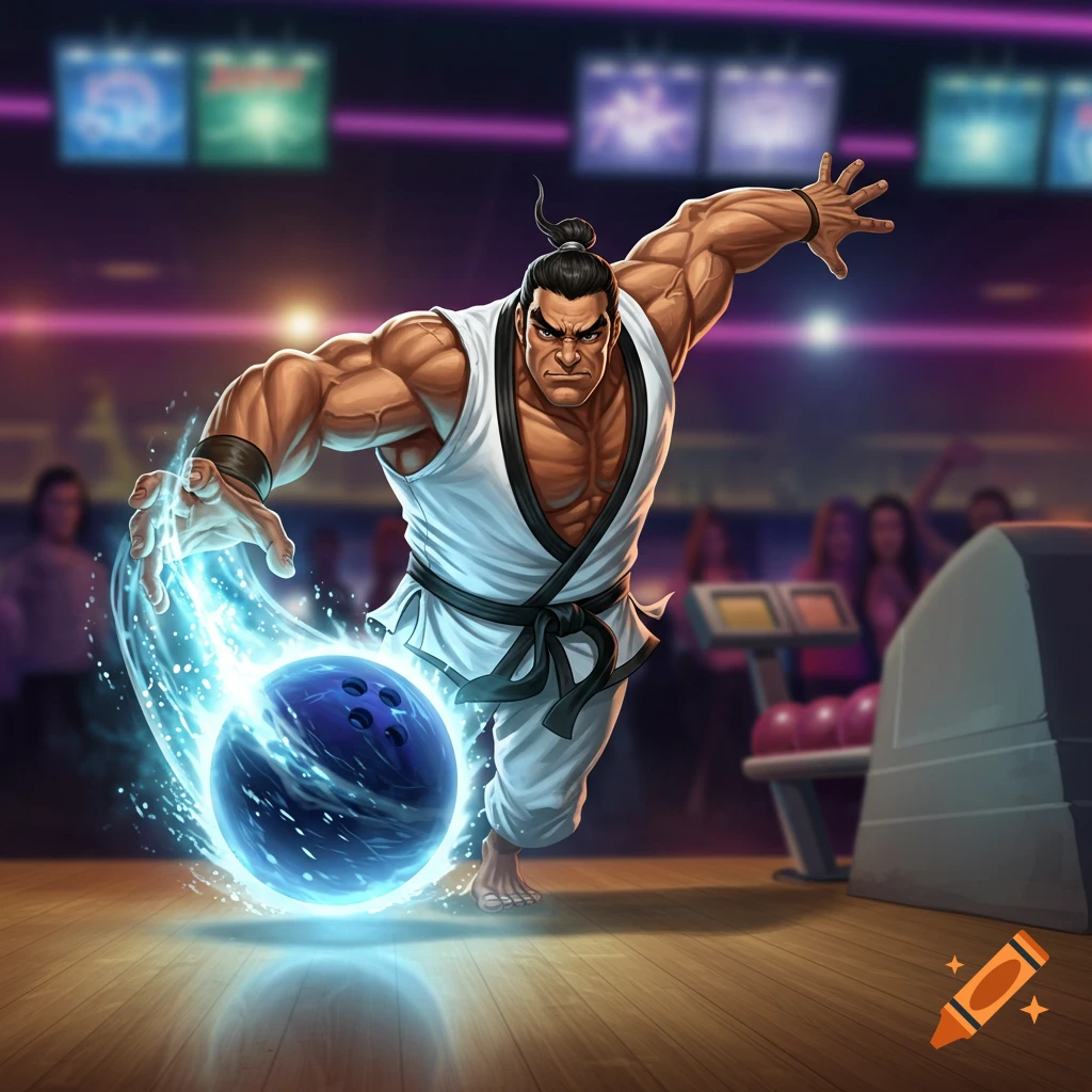 A muscular man in a white gi is throwing a glowing blue bowling ball in an alley.