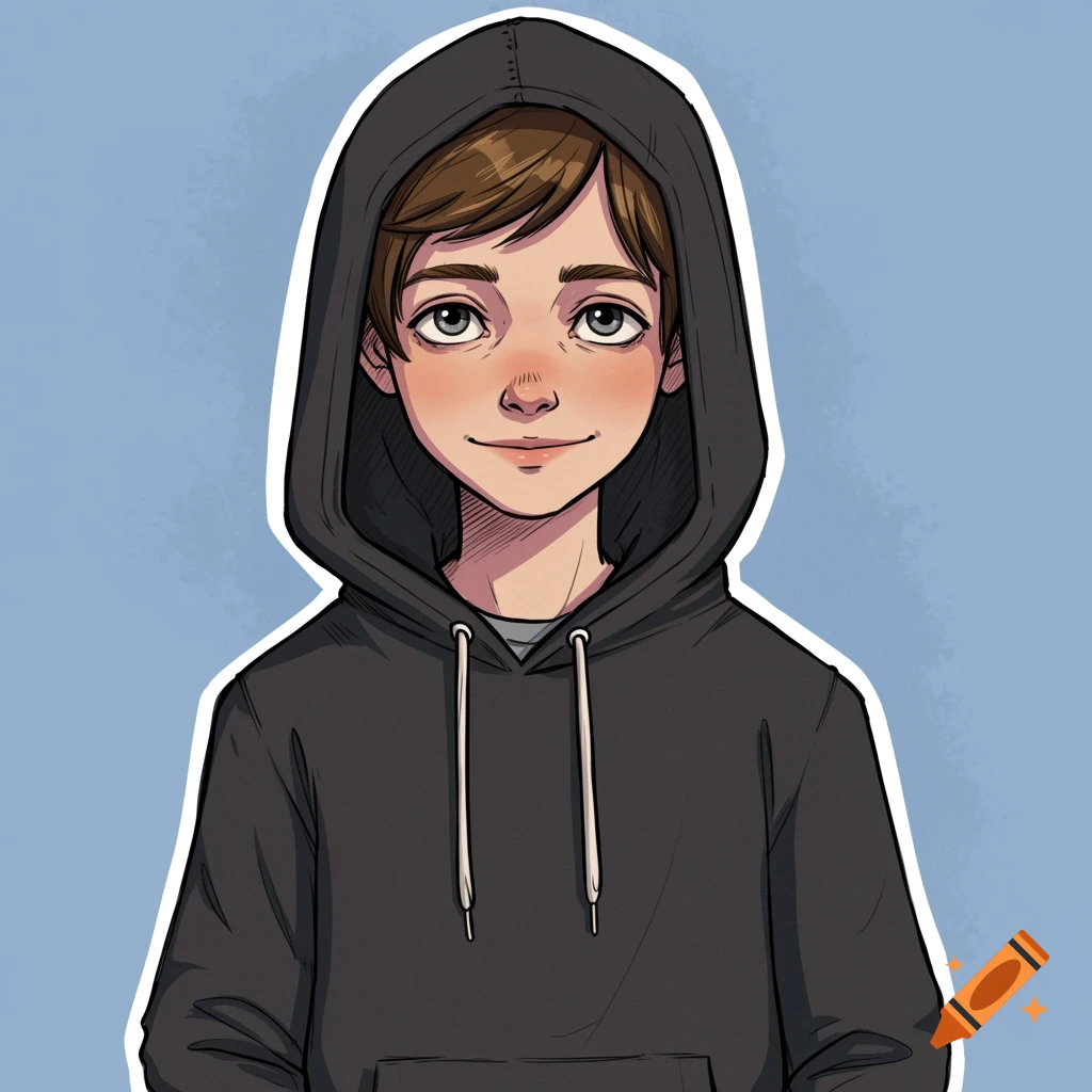 A drawing of a boy in a grey hoodie against a blue background.