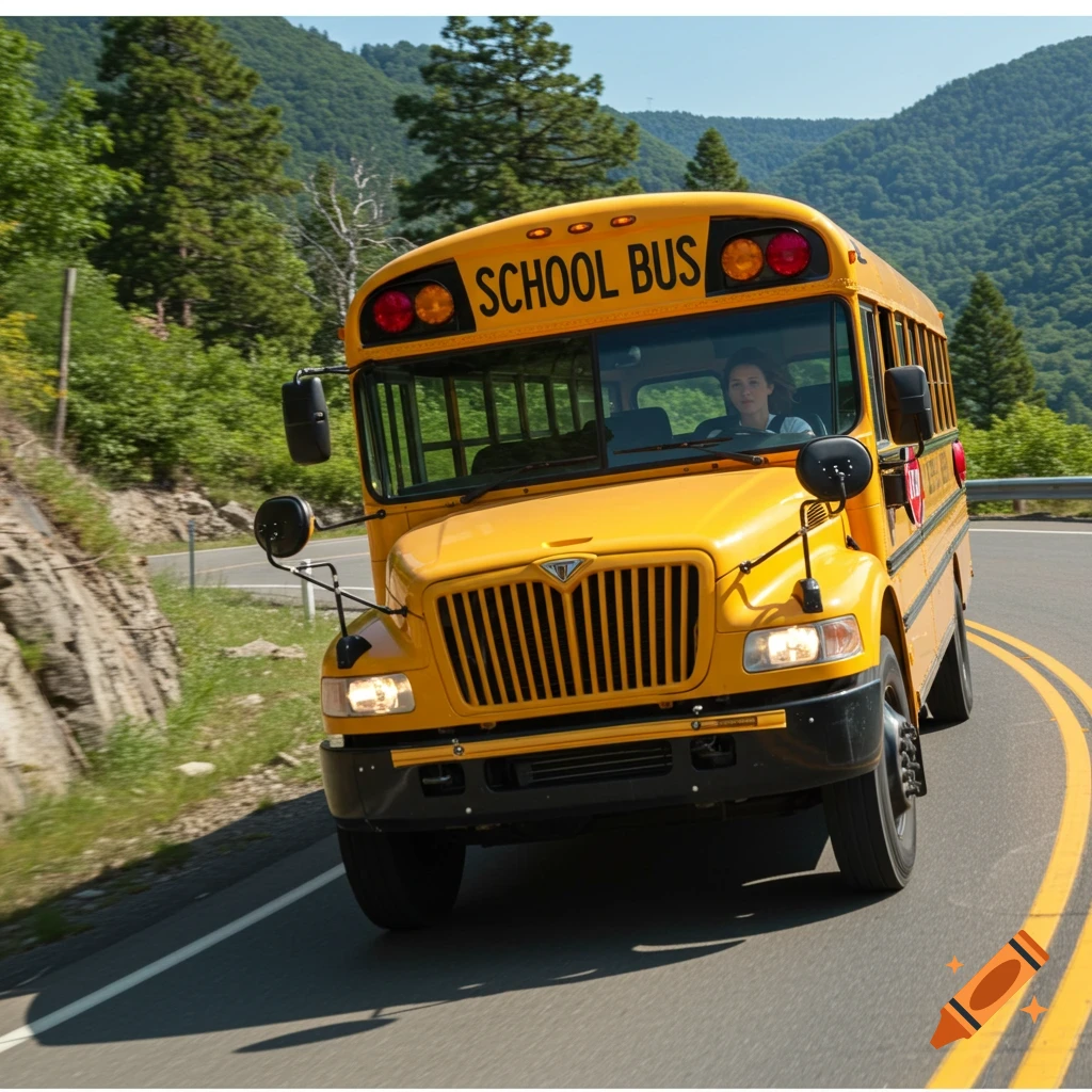 A yellow school bus drives on a winding road through a mountainous landscape.