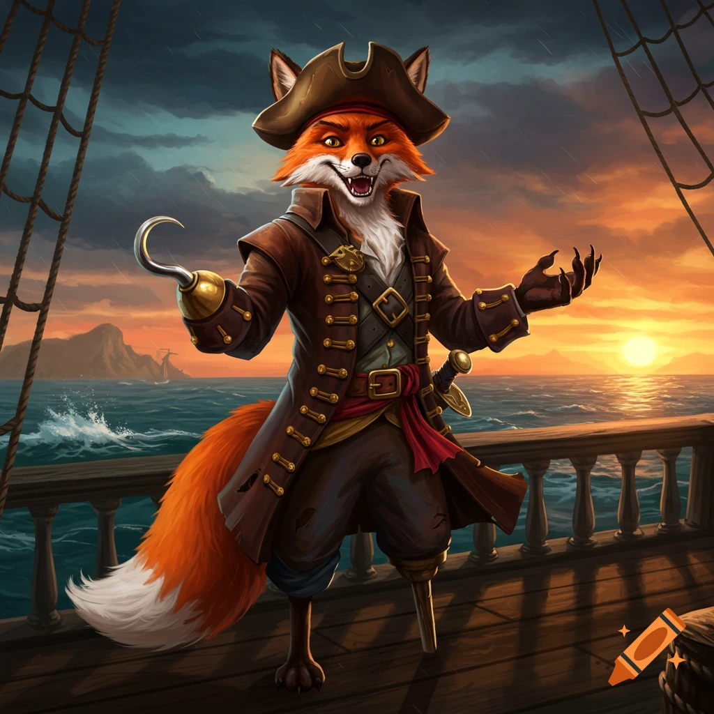 Anthropomorphic fox pirate with a hook hand and peg leg stands on a ship deck at sunset.