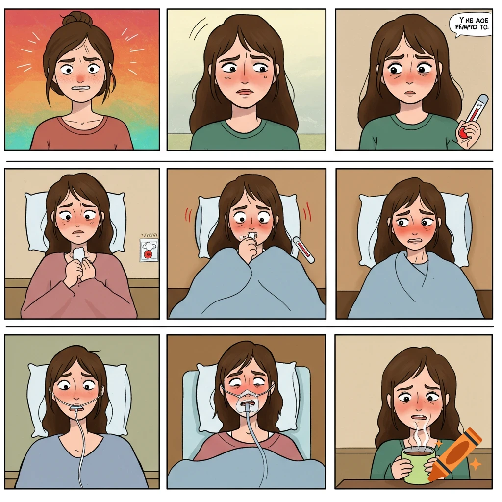 Comic strip depicting a woman's illness from initial symptoms through severe stages to recovery, holding a warm drink.