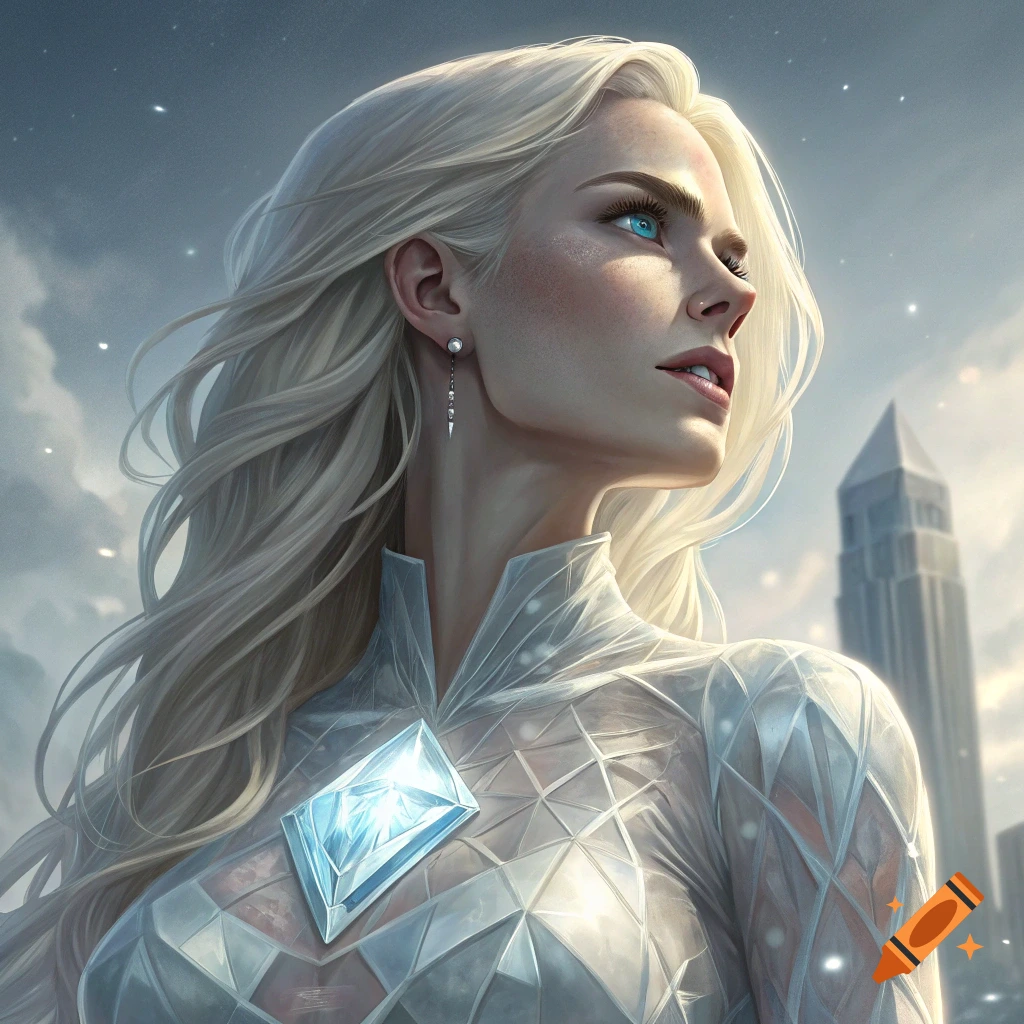Portrait of a woman with white hair and blue eyes in a white crystalline suit, looking upwards, sci-fi city in background.