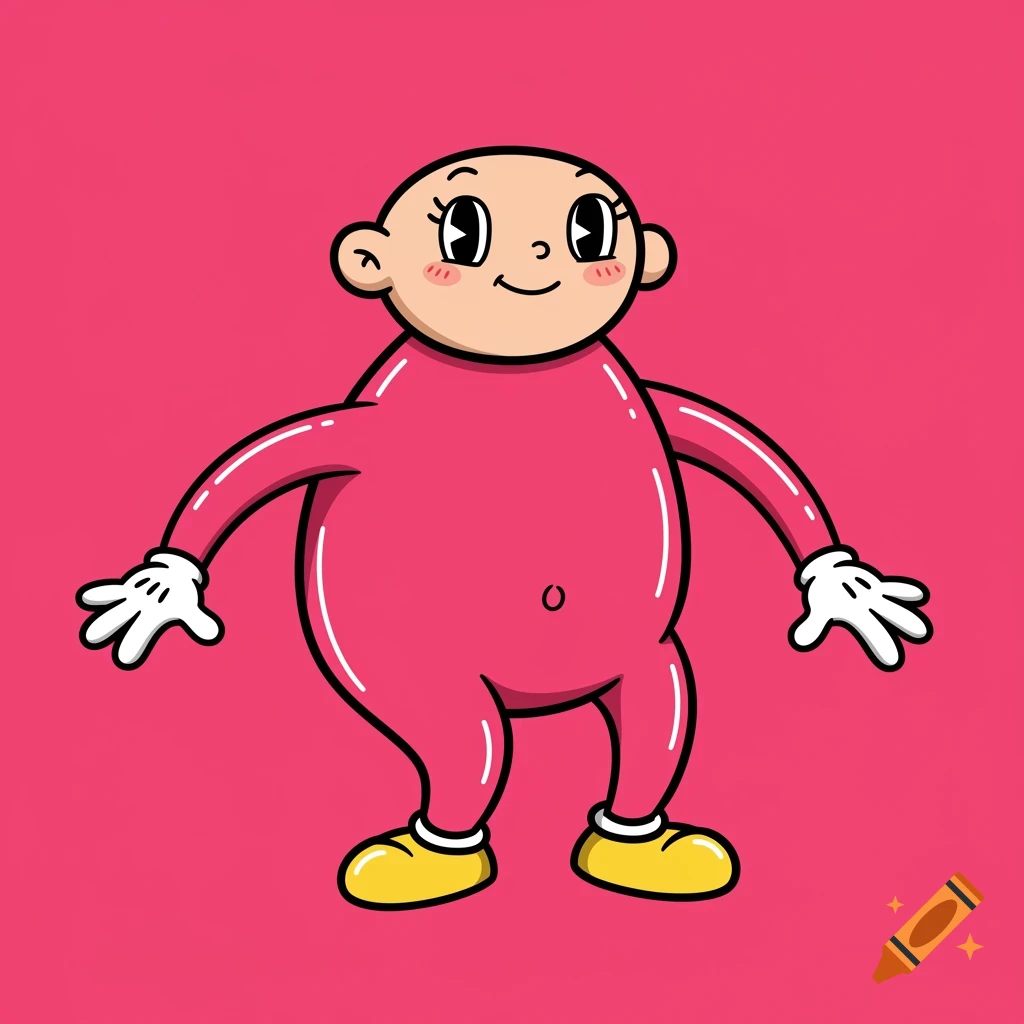 A whimsical cartoon character in a pink suit, white gloves, and yellow shoes against a pink background.