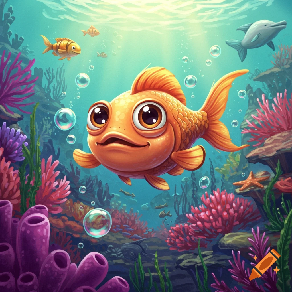 A cartoon goldfish swims in a vibrant coral reef with bubbles, other fish, and a dolphin.