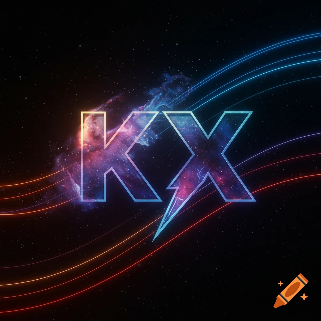 Logo featuring abstract letters 'KX' filled with a space nebula pattern, set against a starfield with glowing orange and blue lines.