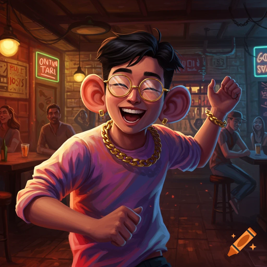 Person with glasses, big ears, and a gold chain dancing in a bar, digital art style.