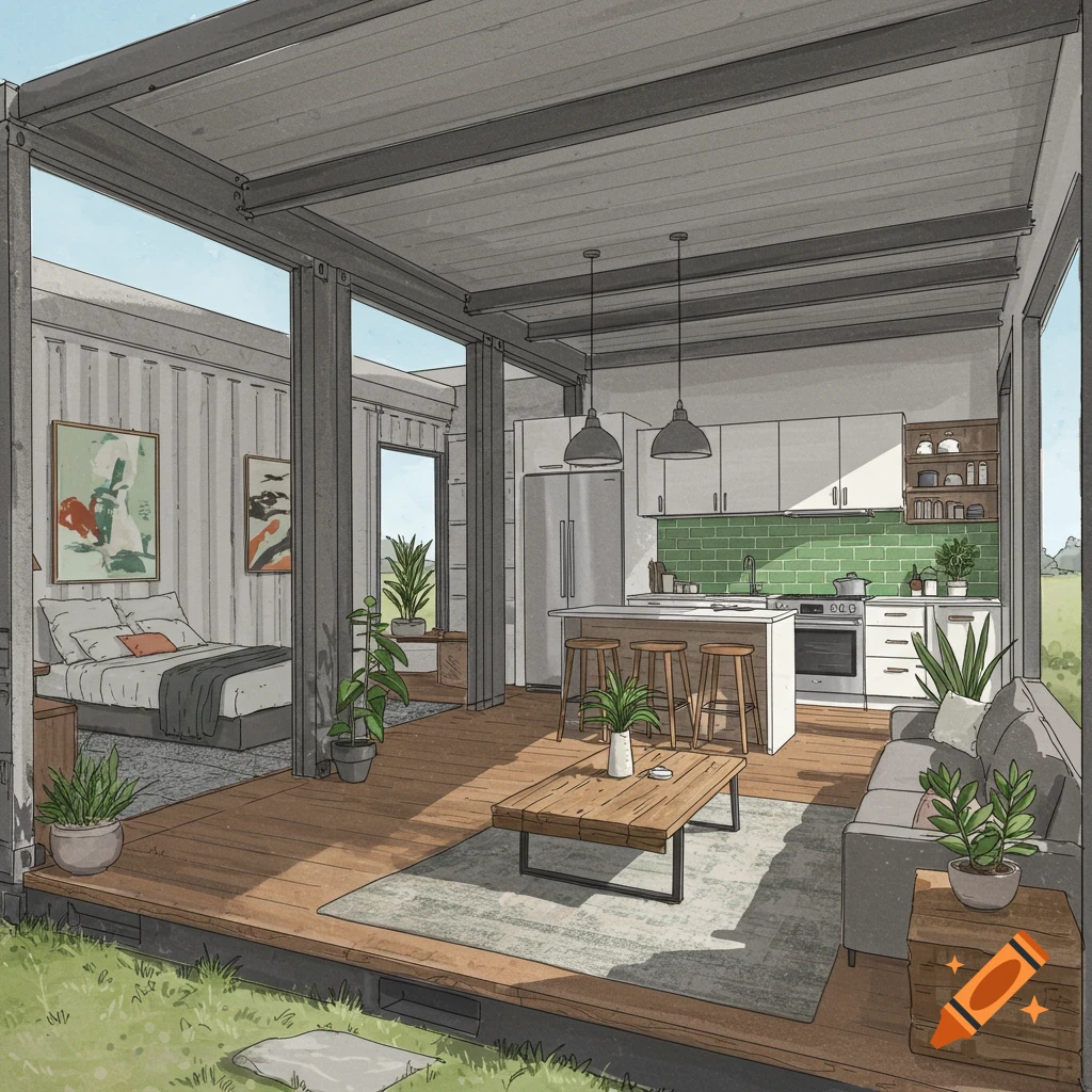 Digital sketch of a modern container home interior design with bedroom, living room, and kitchen.