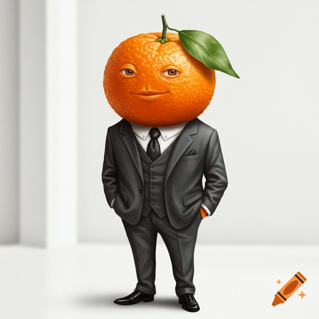 An anthropomorphic orange wearing a suit.