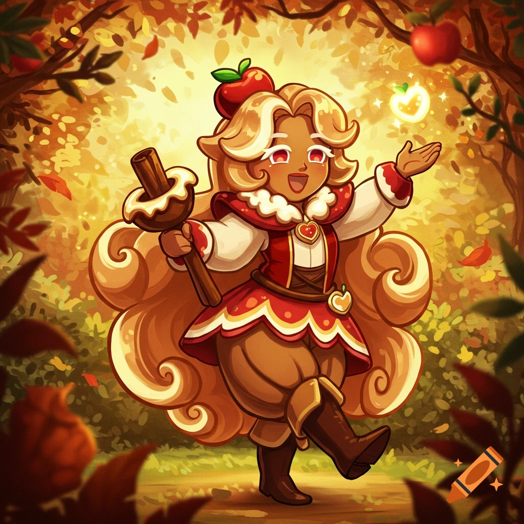 An illustration of a cookie character in an autumn forest holding a staff