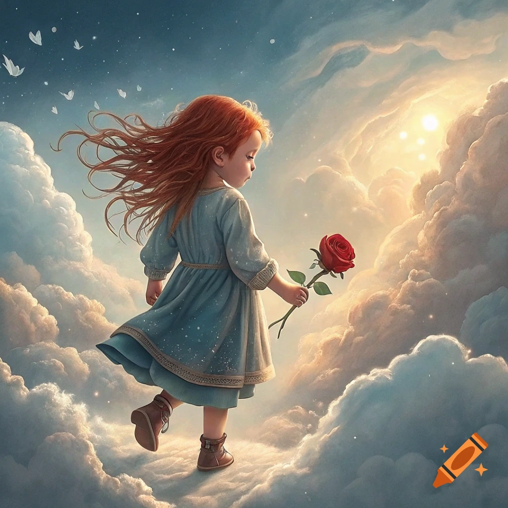 A young girl with red hair walks through clouds, holding a red rose towards a bright light.