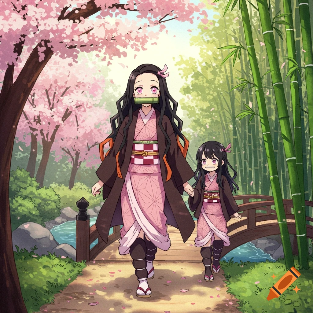 Anime drawing of two characters resembling Nezuko walking through a Japanese park with cherry blossom trees and bamboo.