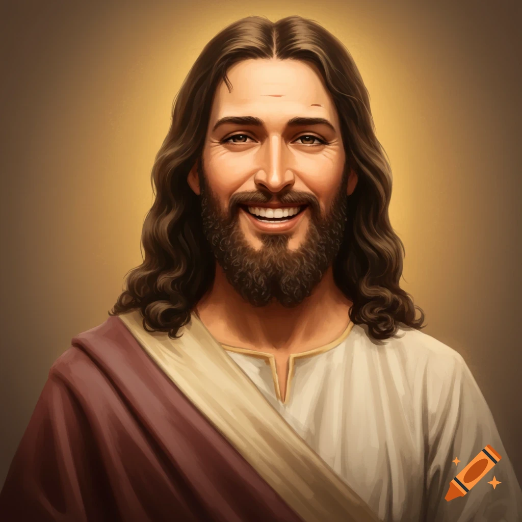 A smiling depiction of Jesus Christ with long brown hair, a beard, and wearing a white robe with a diagonal red sash.