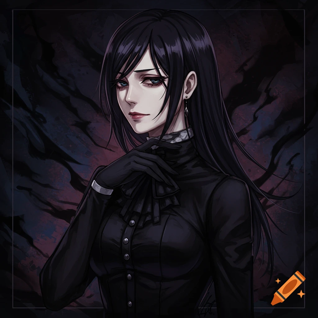 Portrait of a woman with black hair in a black outfit.