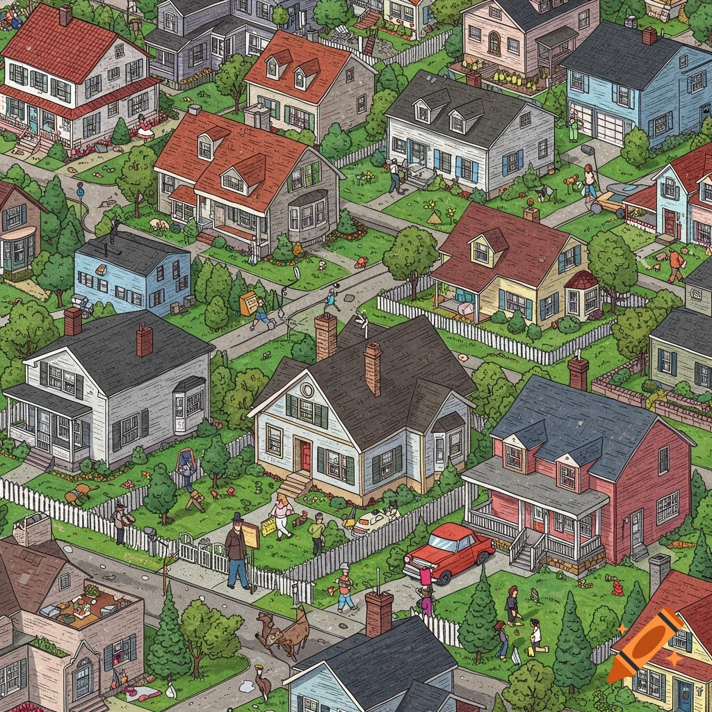 Detailed illustration of a busy suburban neighborhood with many houses and people doing various activities.