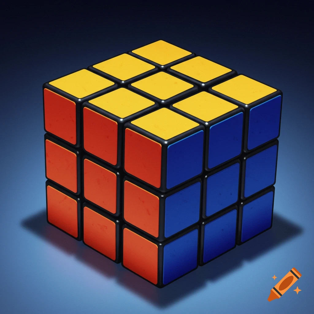 A close-up image of a Rubik's cube showing the orange, yellow, and blue sides against a dark blue background.