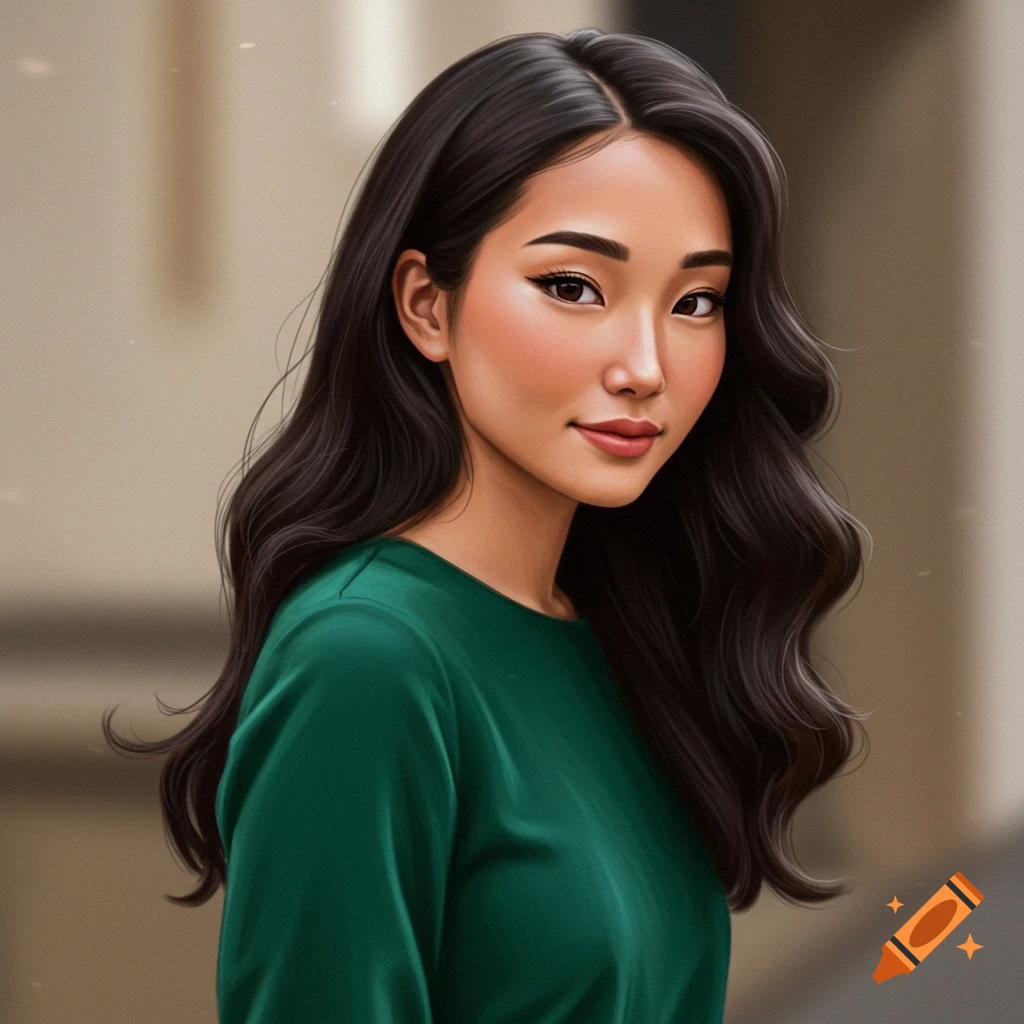 A woman with long dark hair wearing a green shirt