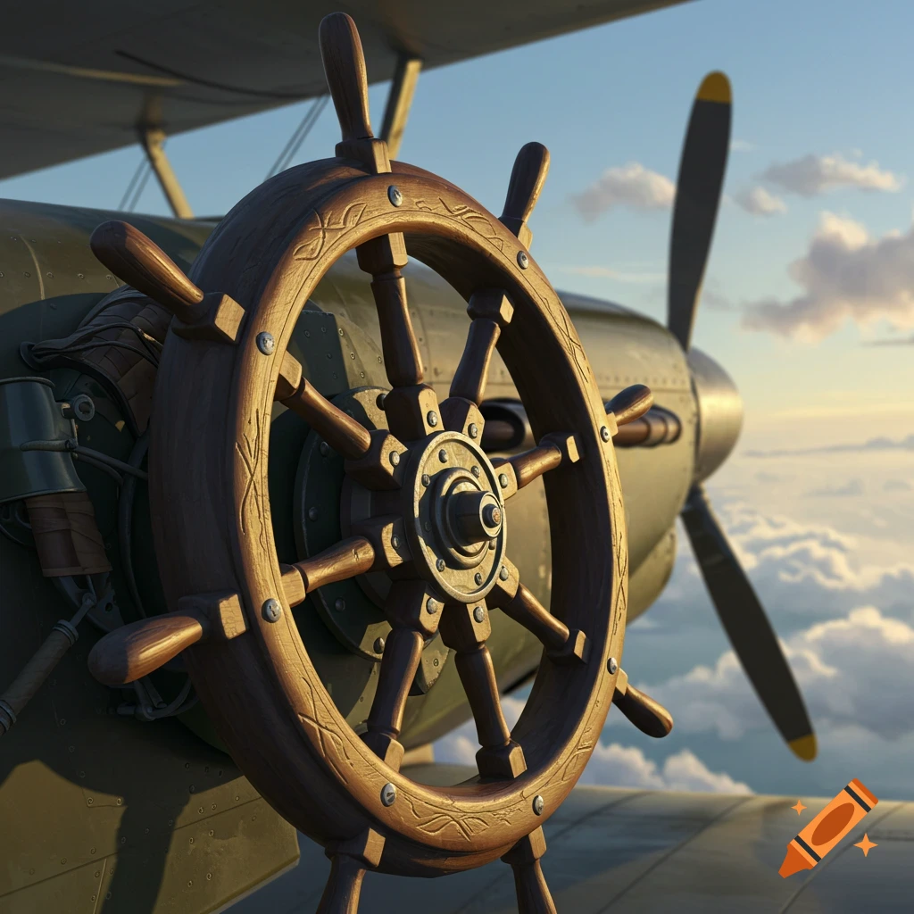 A wooden ship's wheel mounted on a biplane in the sky