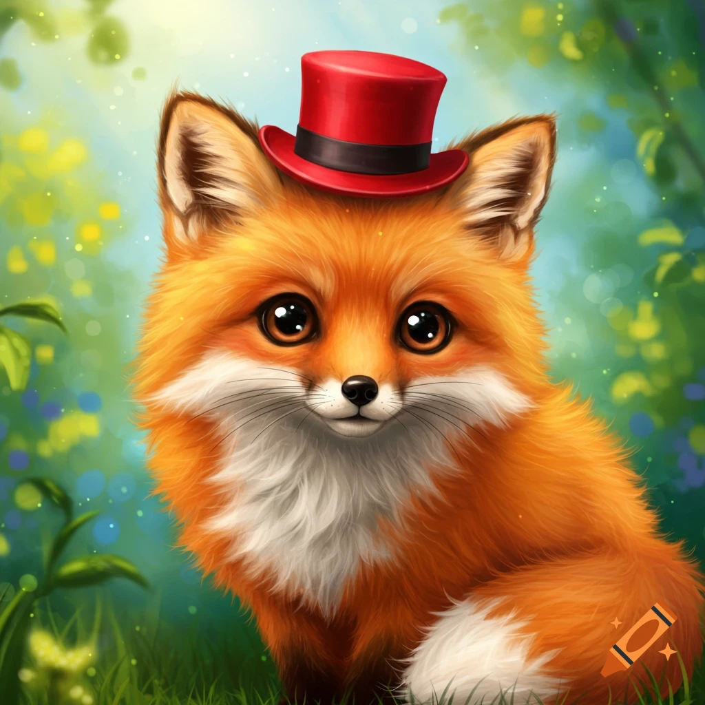 A cute cartoon fox wears a red top hat in a sunny forest clearing.