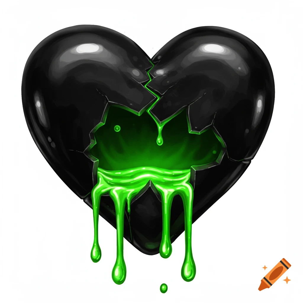 Broken black heart leaking green liquid.
