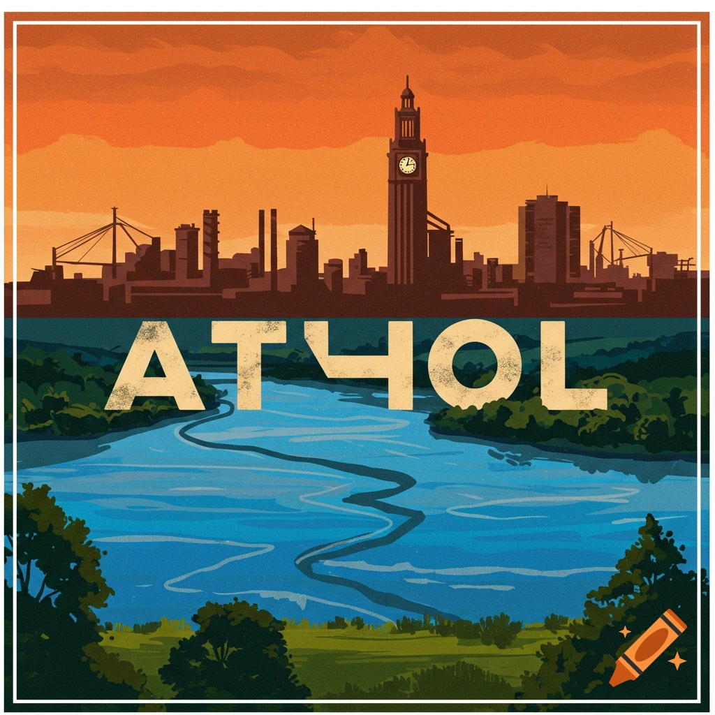 Poster with the text ATHOL over a river, city skyline, and trees.